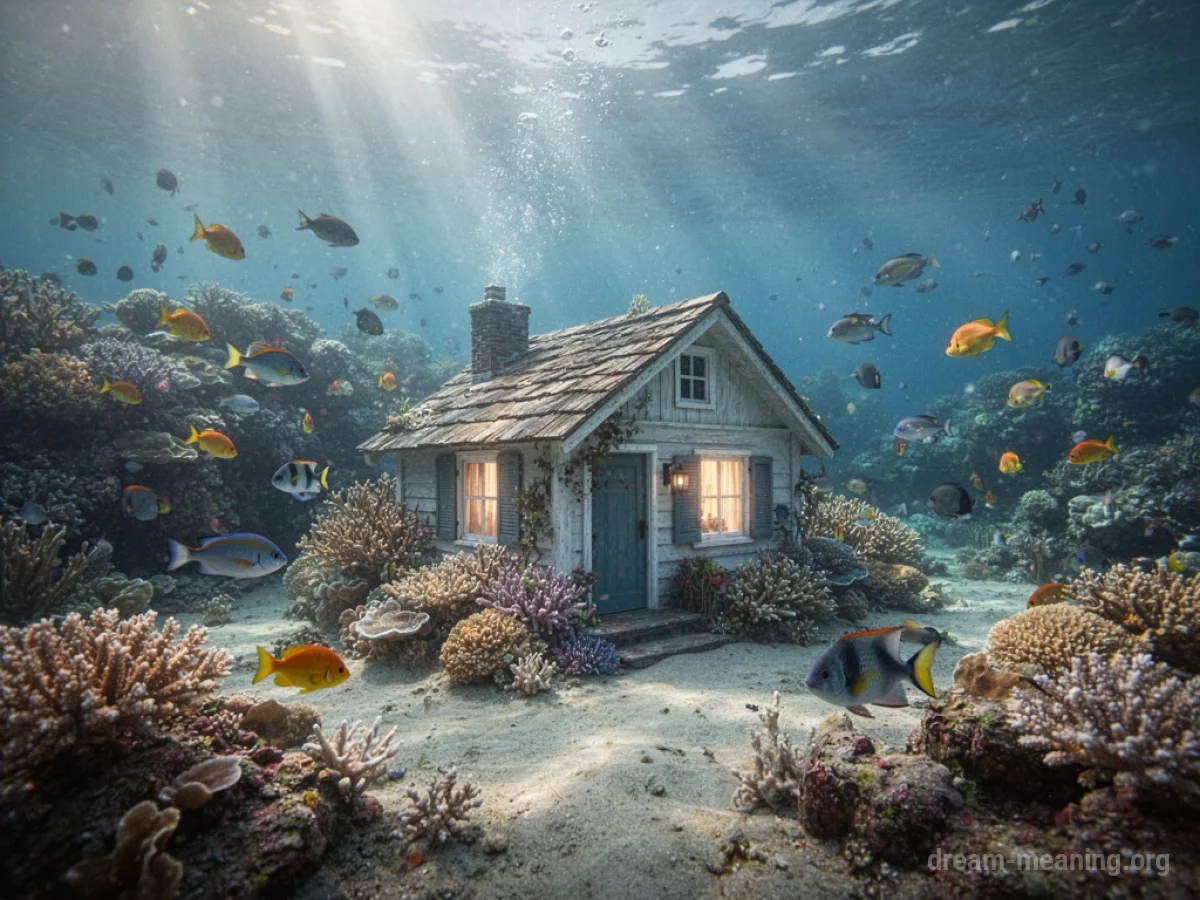 A house situated on the ocean floor surrounded by marine life.