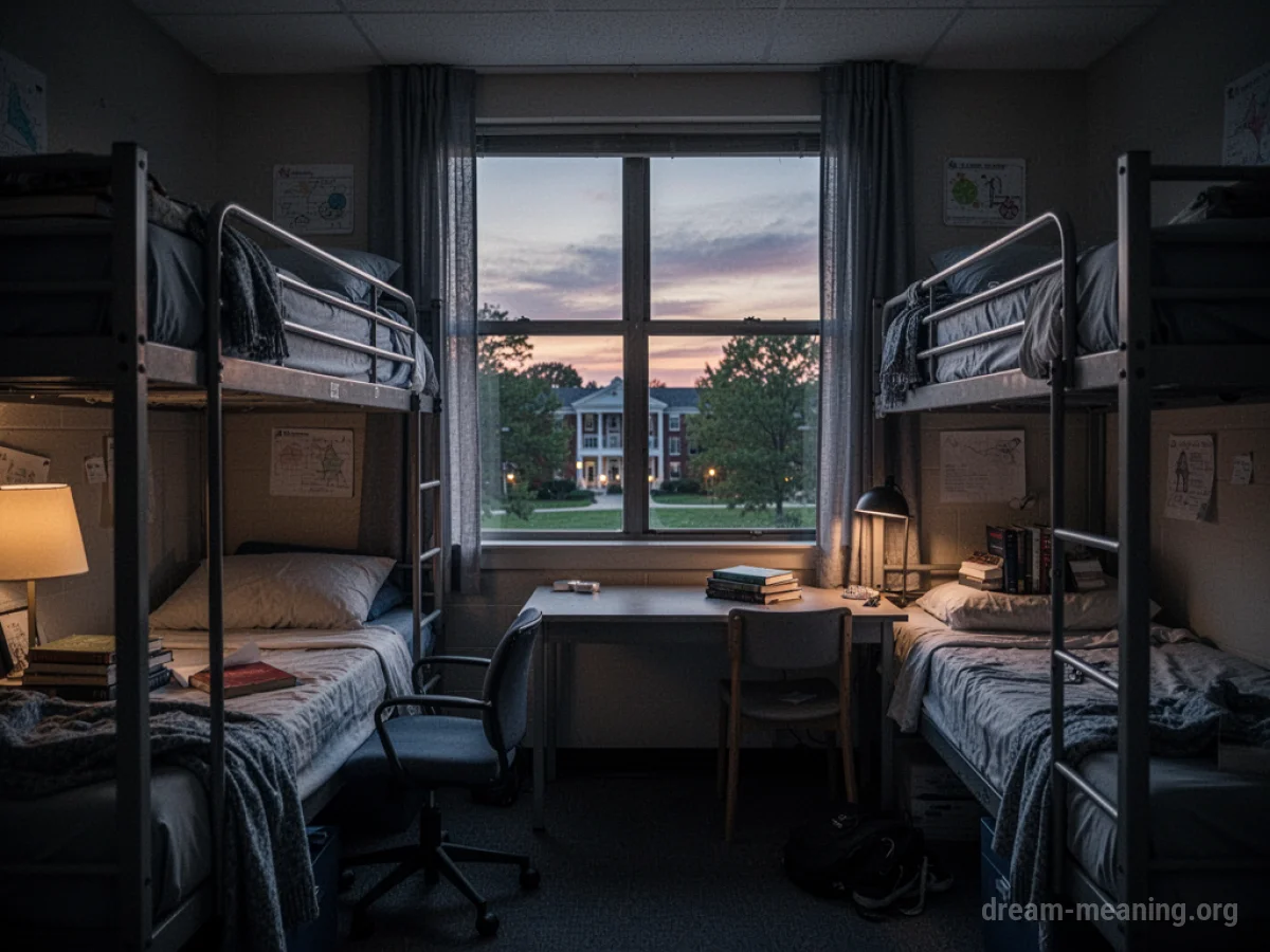A dormitory room interior with bunk beds and study materials.