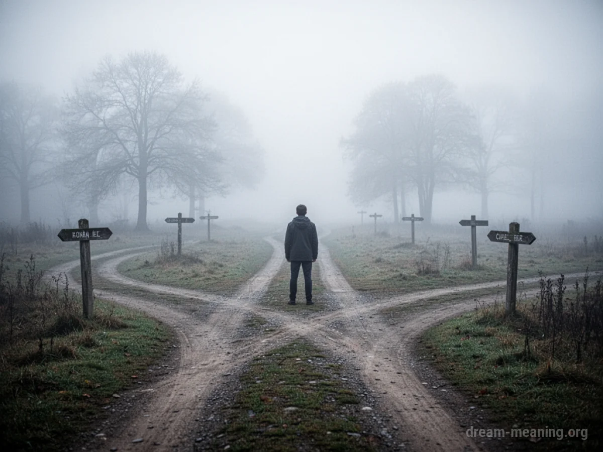 A person stands at a fork in a foggy road with several indistinct paths.