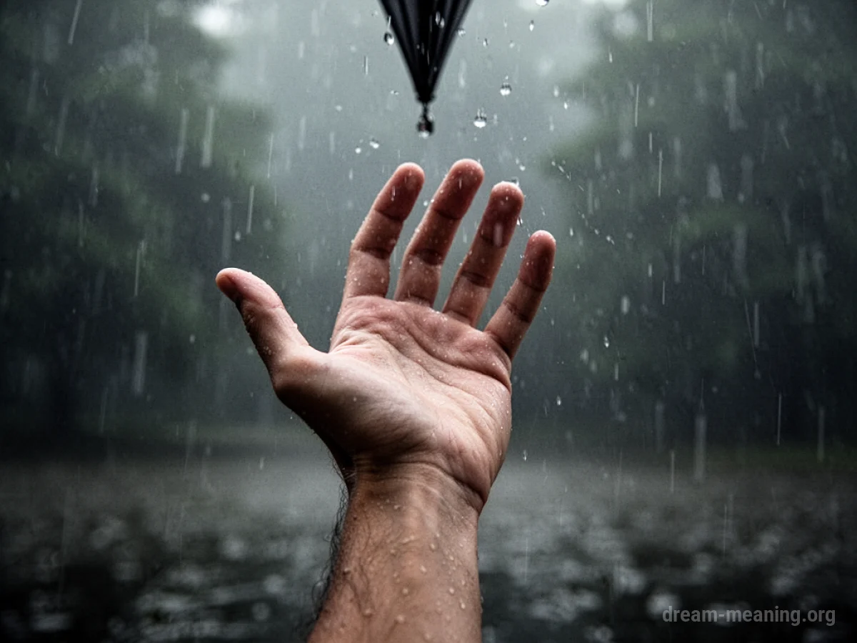 An empty hand reaching up against a grey, rainy sky.