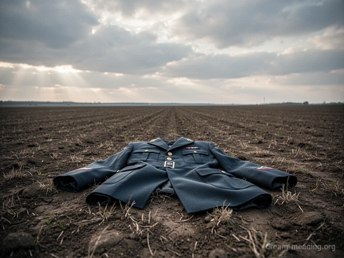 An empty uniform lying on the ground in a barren field.