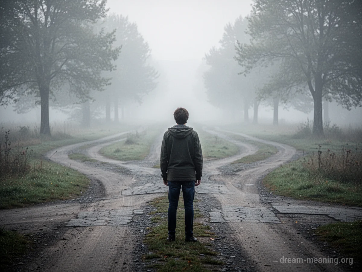 A person stands at a fork in a path leading into fog.