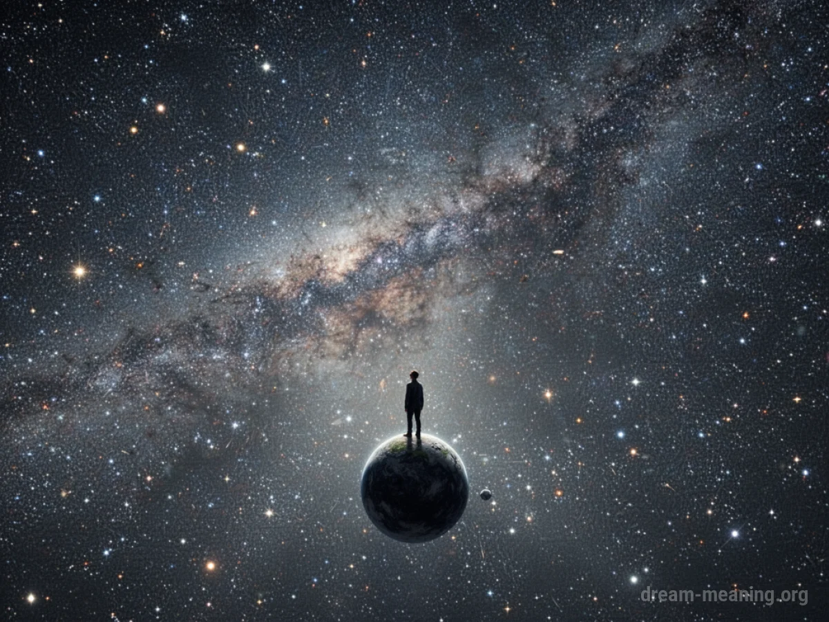 A tiny human figure dwarfed by a vast, star-filled galaxy.