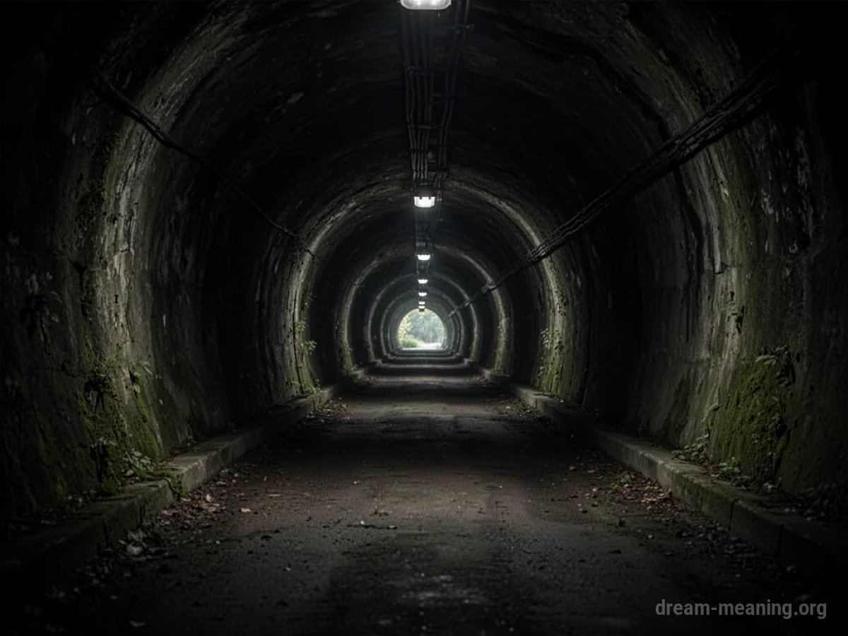 A dark tunnel with a distant light source.