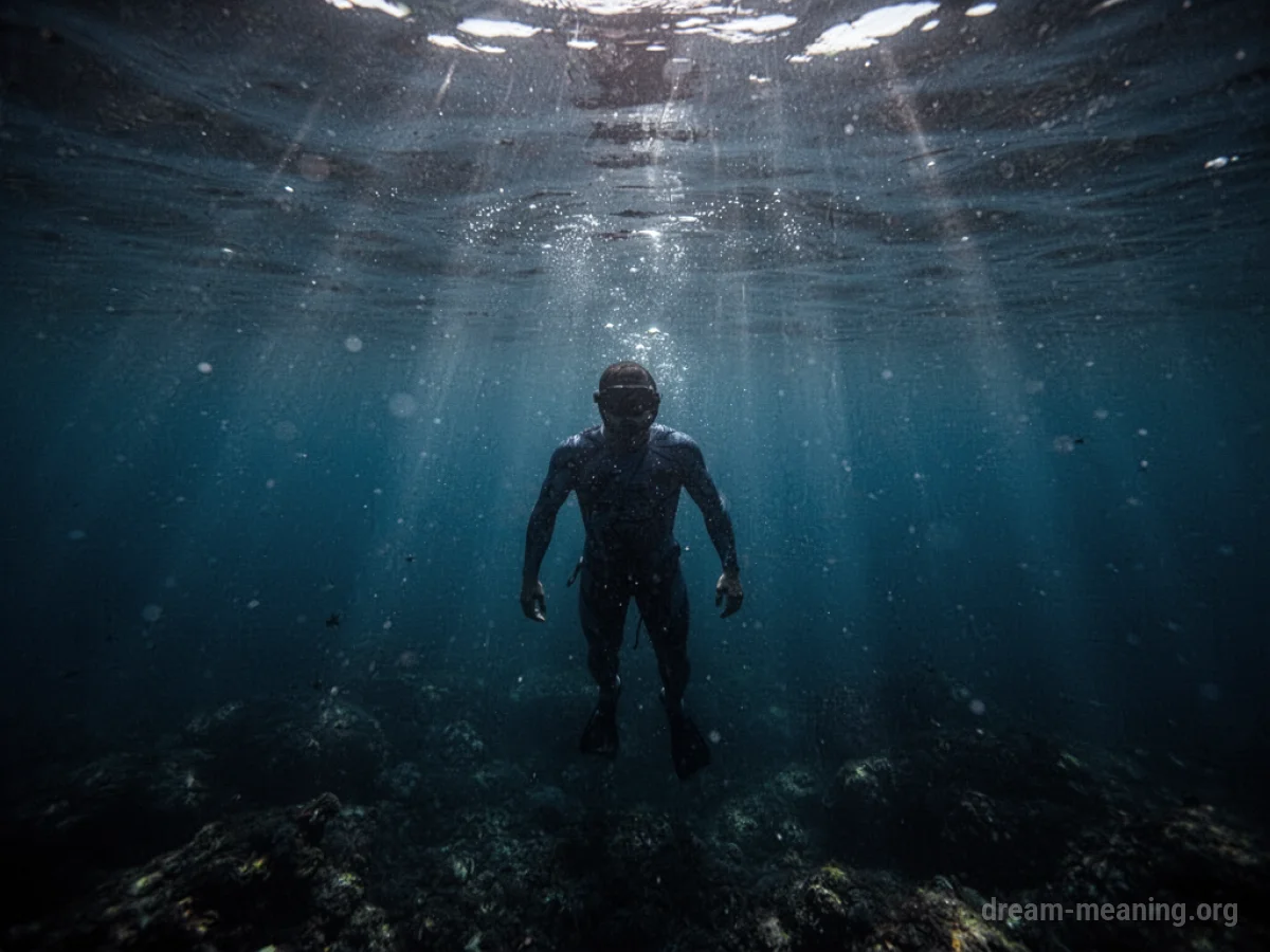 Silhouette of a person submerged in dark, deep water.