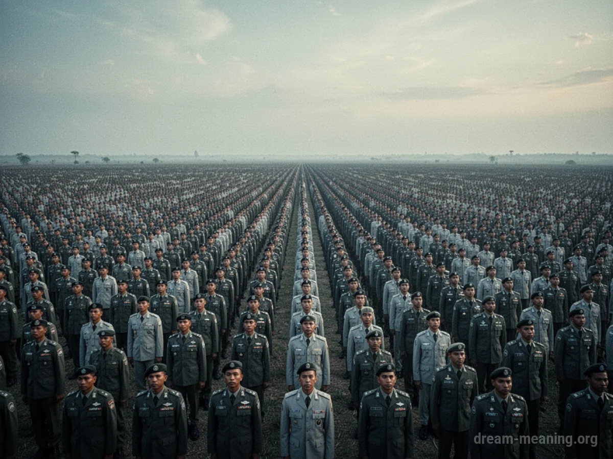 Numerous people in identical uniforms filling a large, open space.