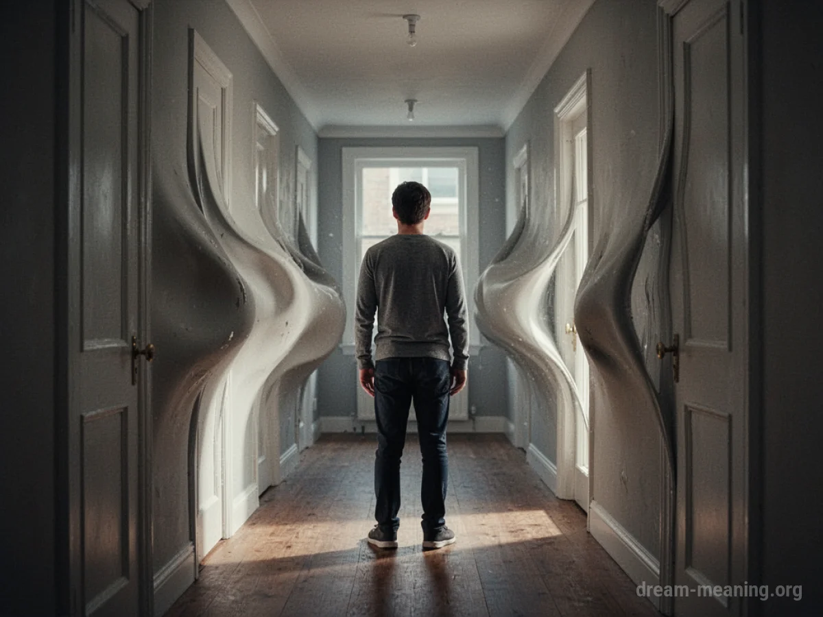A person in a hallway with shifting walls.