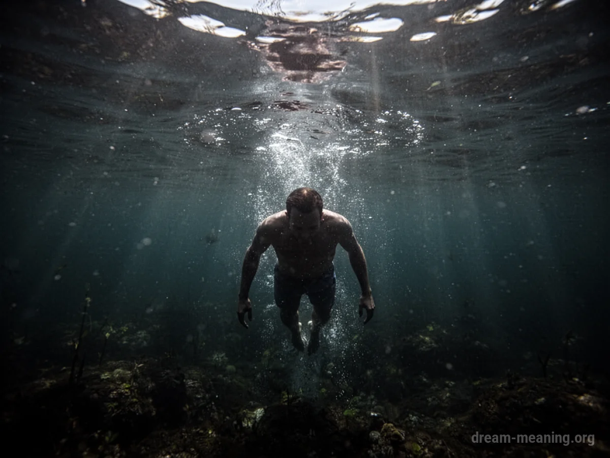 Silhouette of a person descending into dark, cloudy water.