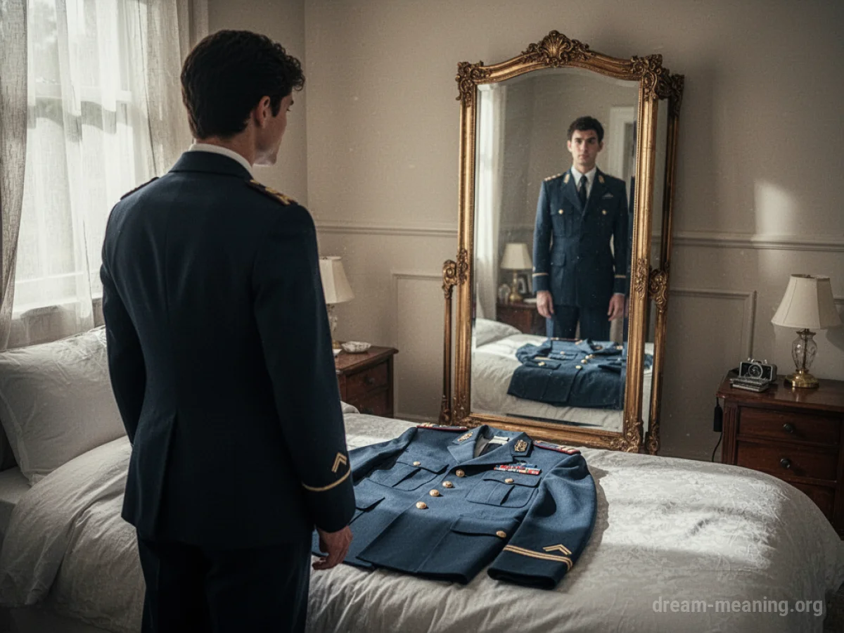 A neatly folded uniform on a bed in front of a mirror.
