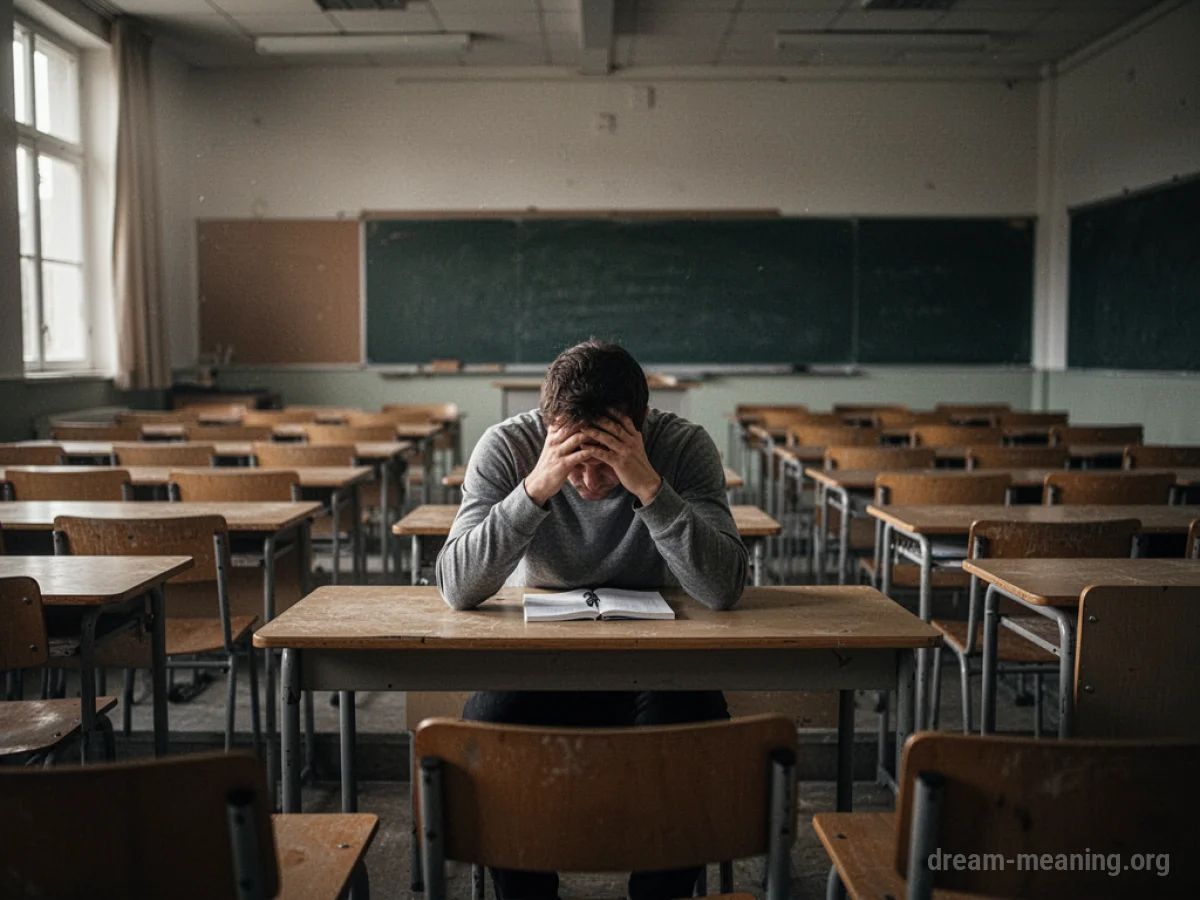 A person sitting alone at a desk in a large, empty lecture hall with their head in their hands.
