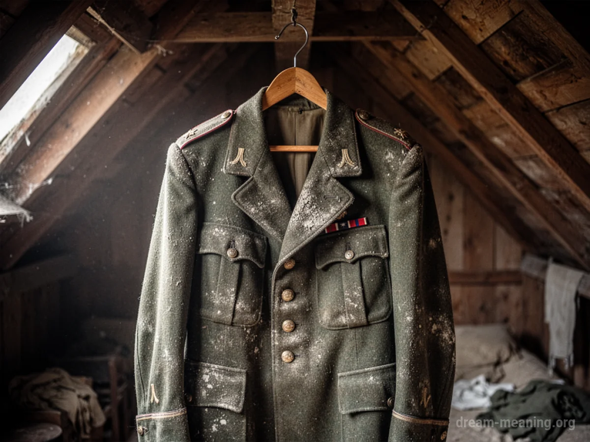 A single, old-fashioned uniform hanging on a hanger.