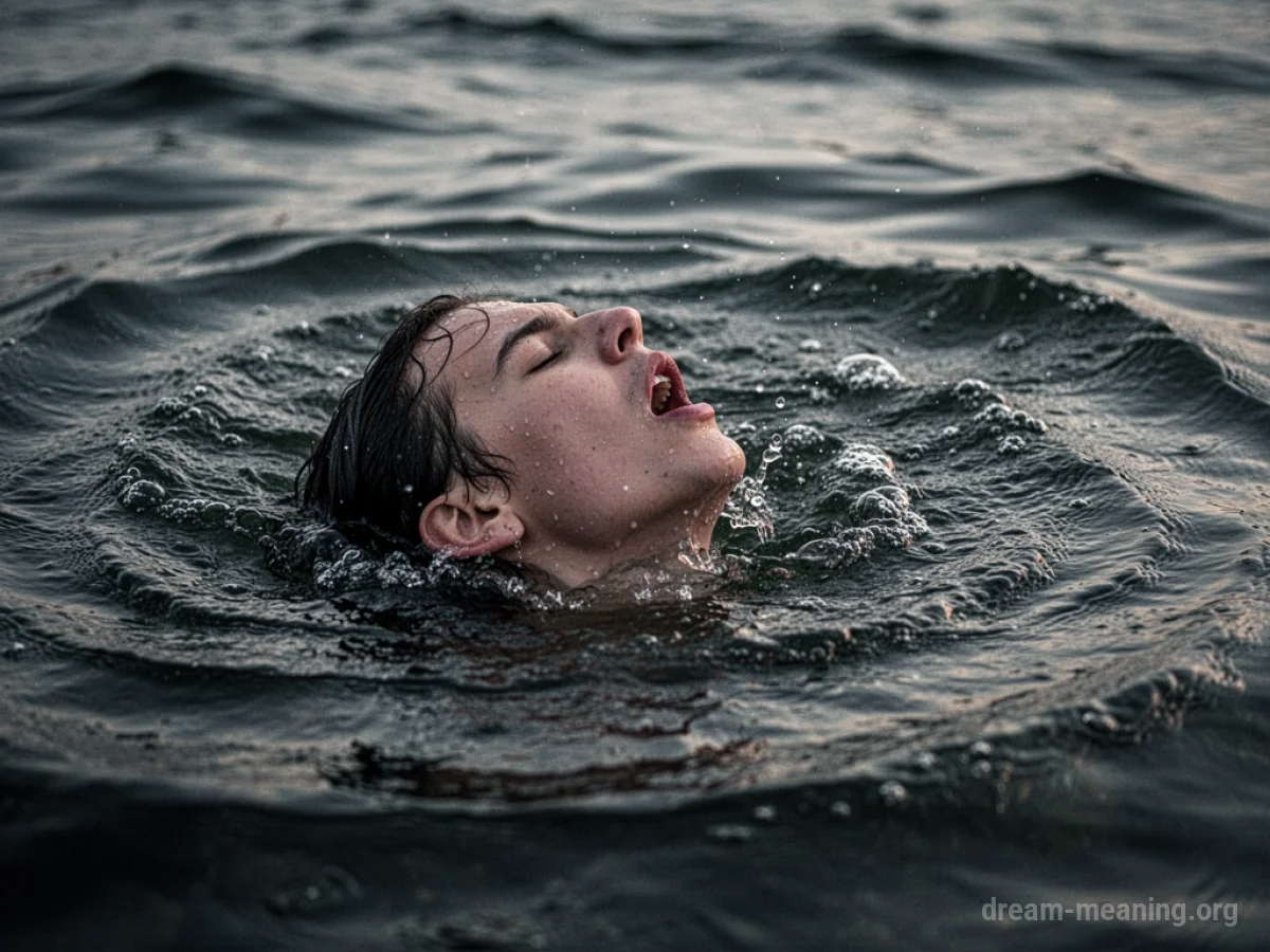 A person's head emerging from dark, choppy water, looking distressed.