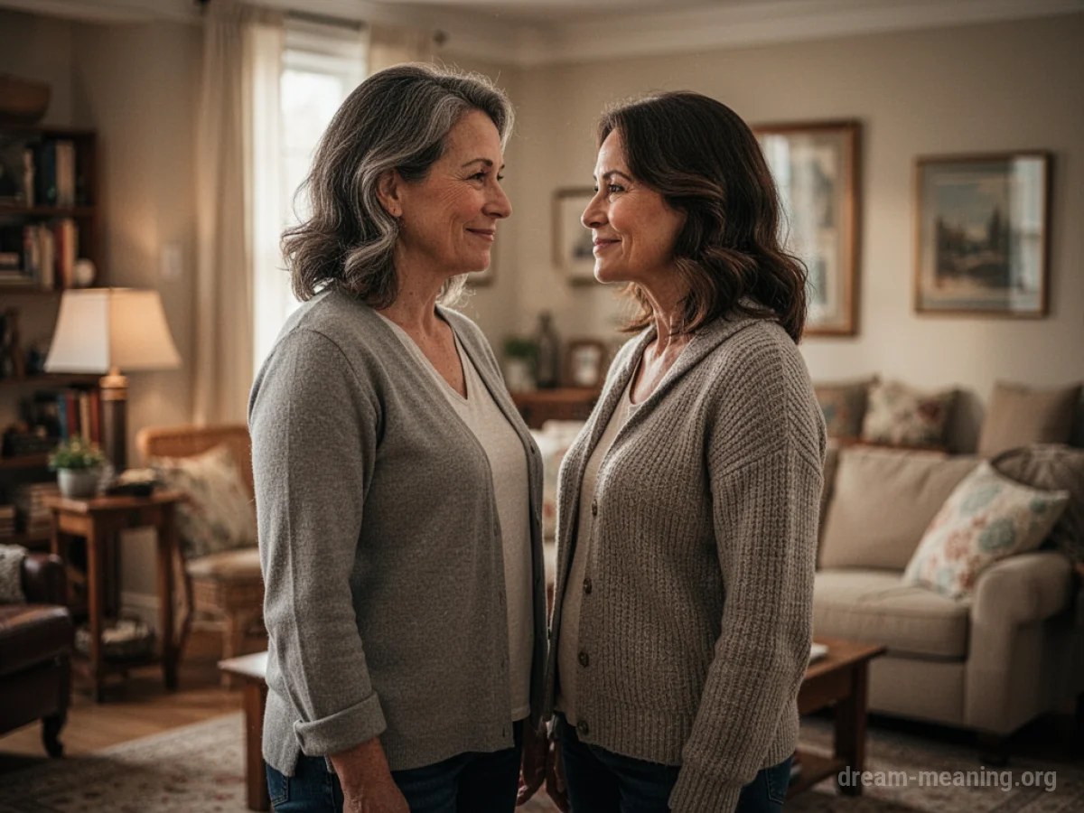 Two parents standing in a room, looking at each other.