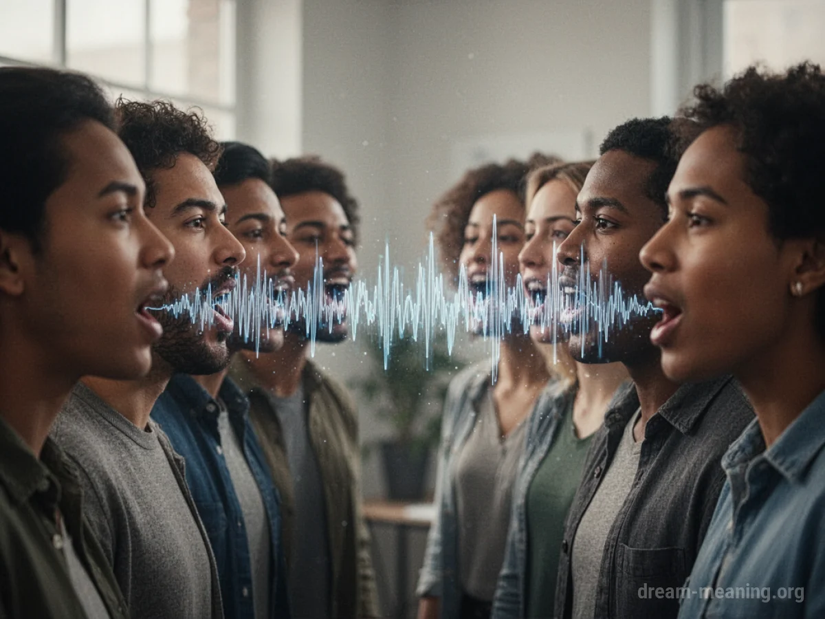 Silhouettes of people speaking with distorted sound waves around them.