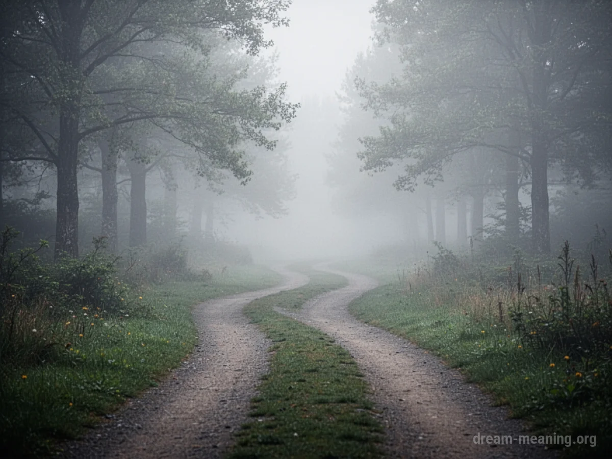 Two paths splitting and disappearing into fog.