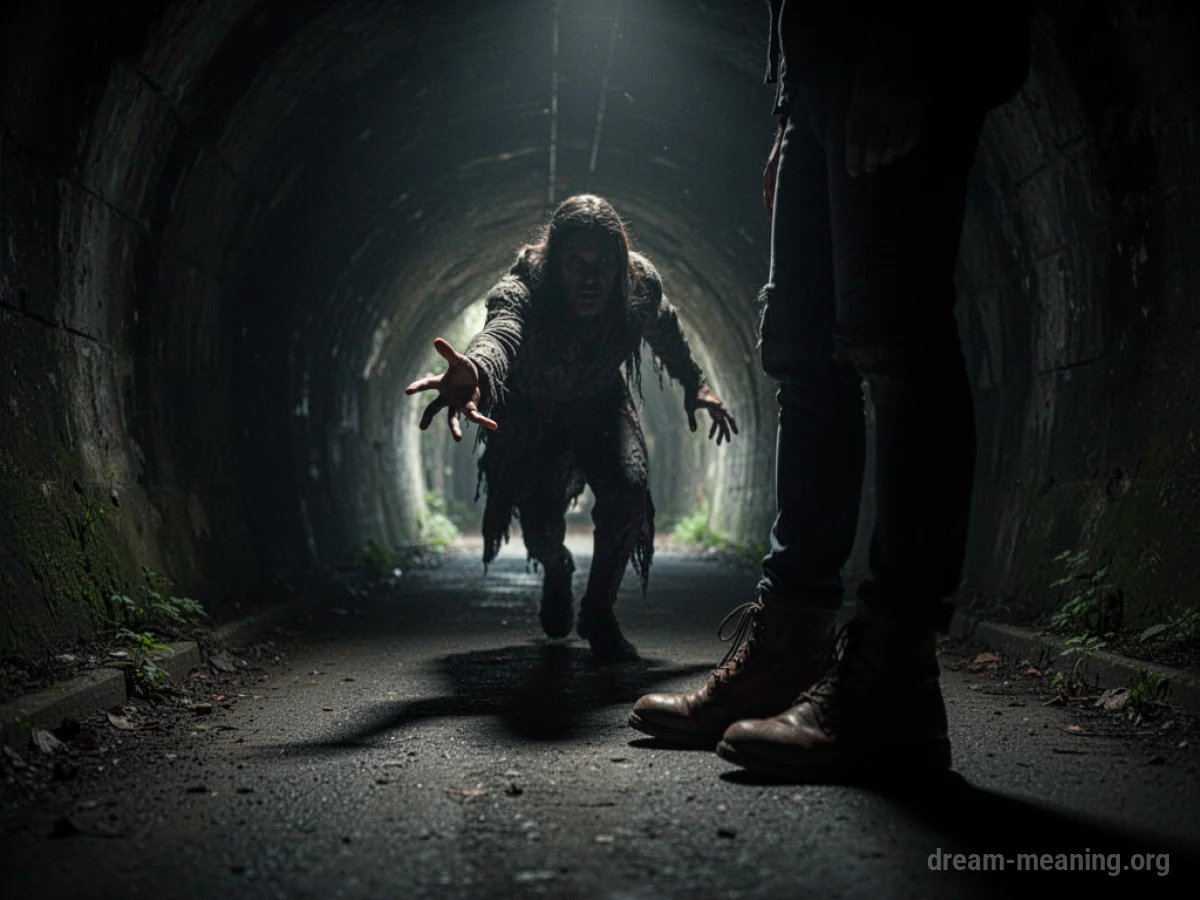 A hand reaching out from a dark tunnel towards someone's feet.