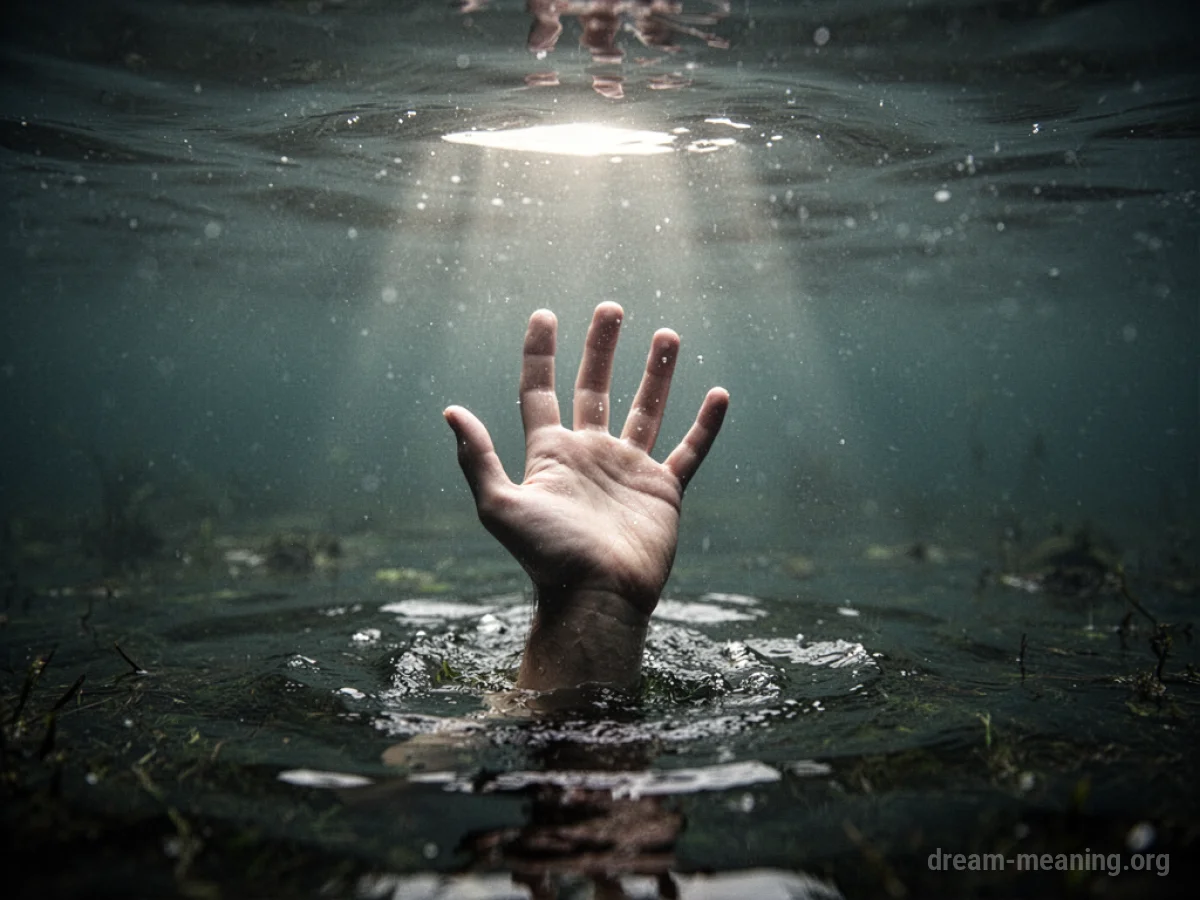 A hand struggles to break the surface of dark, deep water.