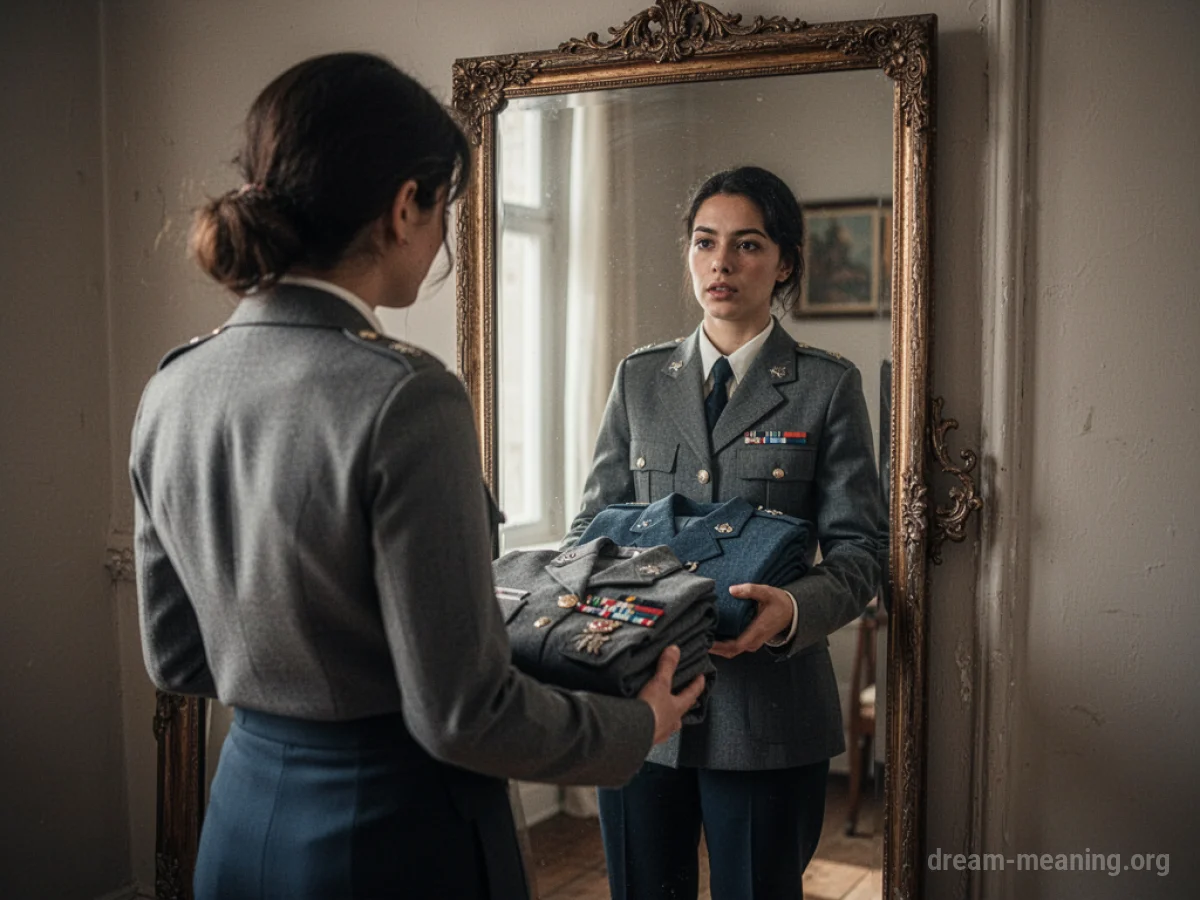 A person holding a uniform in front of a mirror.