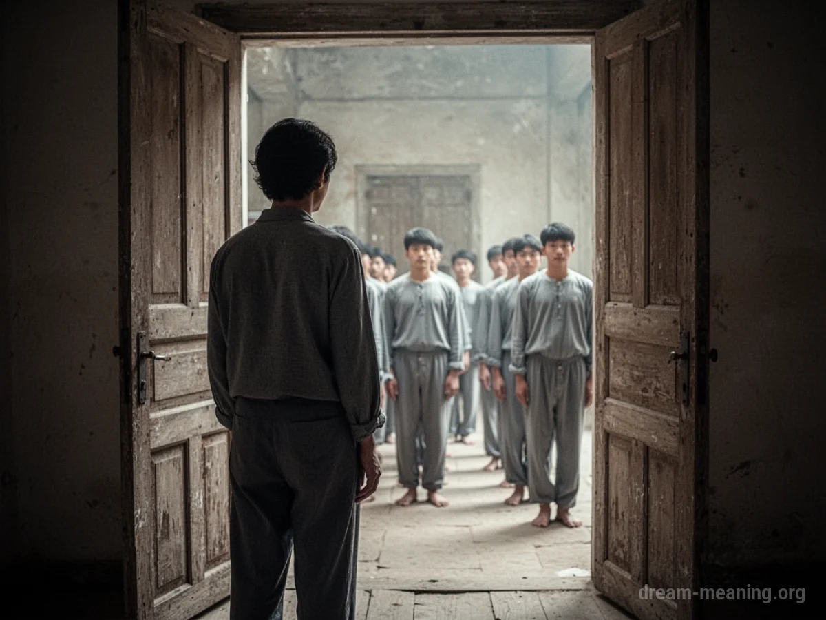 A person stands apart from a group dressed identically.