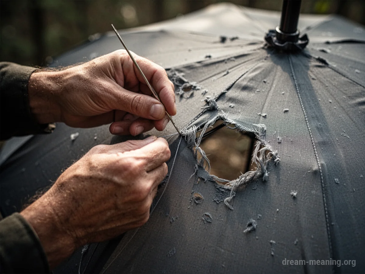 Close-up of hands mending a hole in an umbrella.