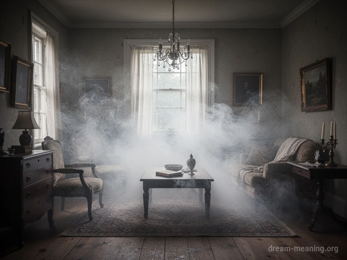 A room heavily obscured by dense white fog.