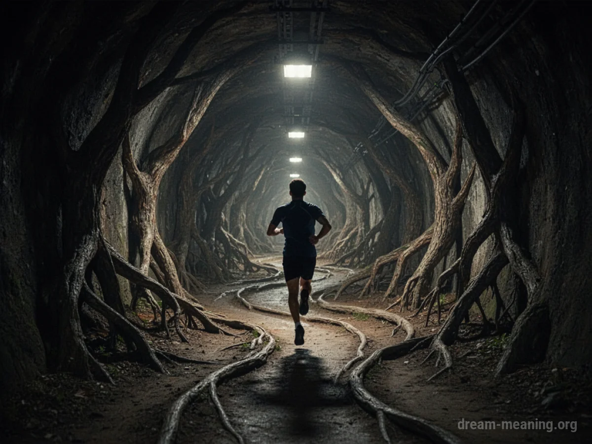 A silhouette of a person running through a dark, winding maze of tunnels.