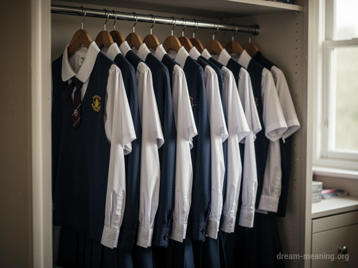 Multiple identical school uniforms hanging side-by-side.