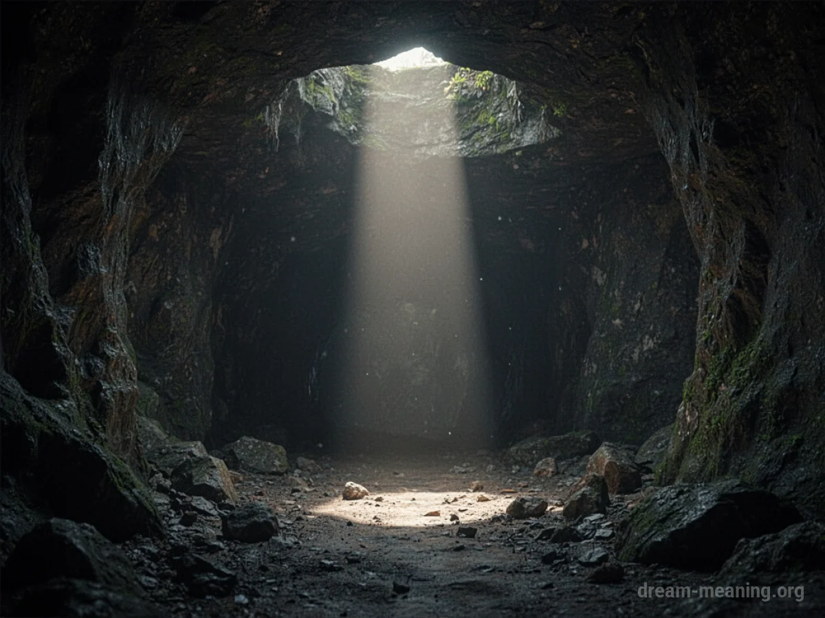 A strong beam of light piercing the darkness of an underground cavern.