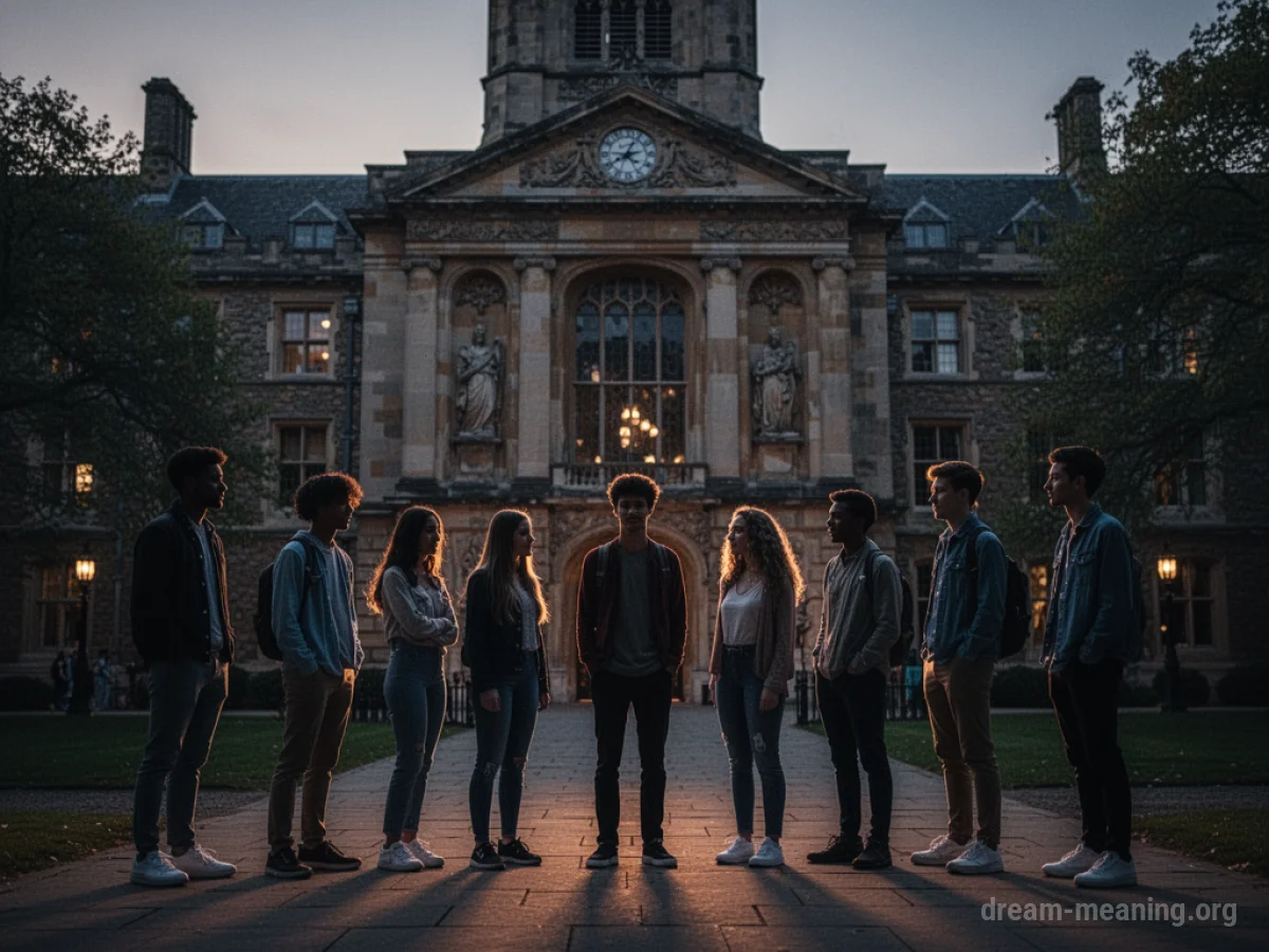 Silhouettes of young adults in front of a university building.