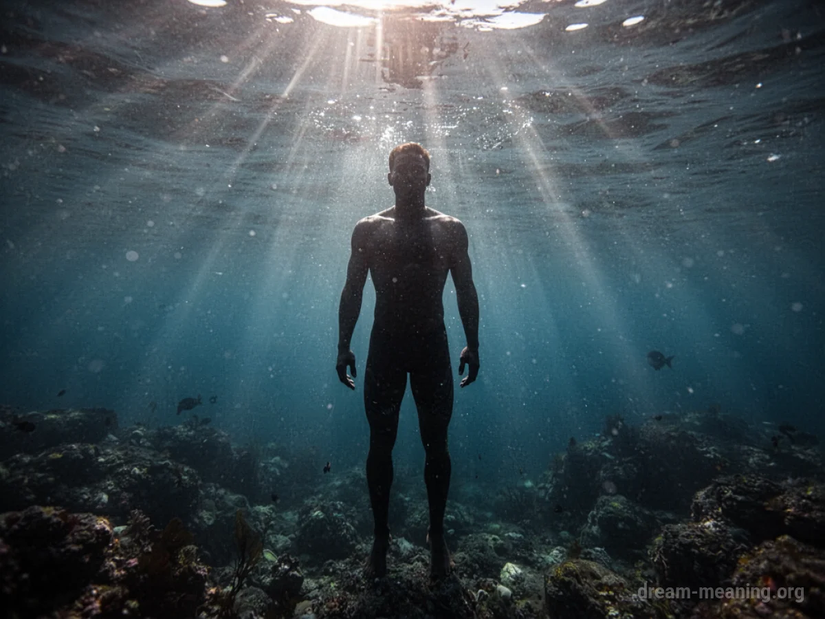 Silhouette of a person standing in clear water beneath the surface.