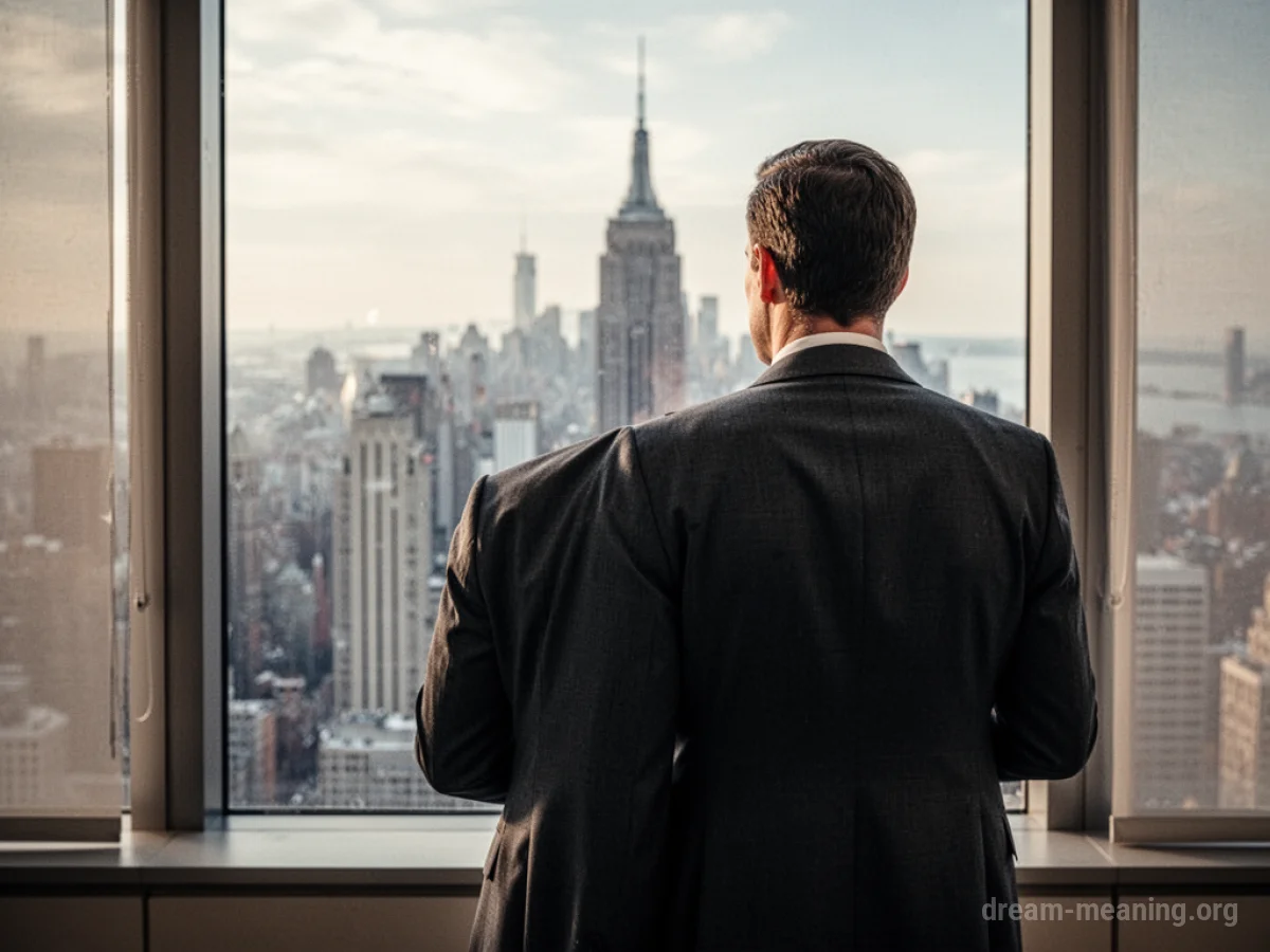 A man stands facing away, looking at a cityscape through a window.