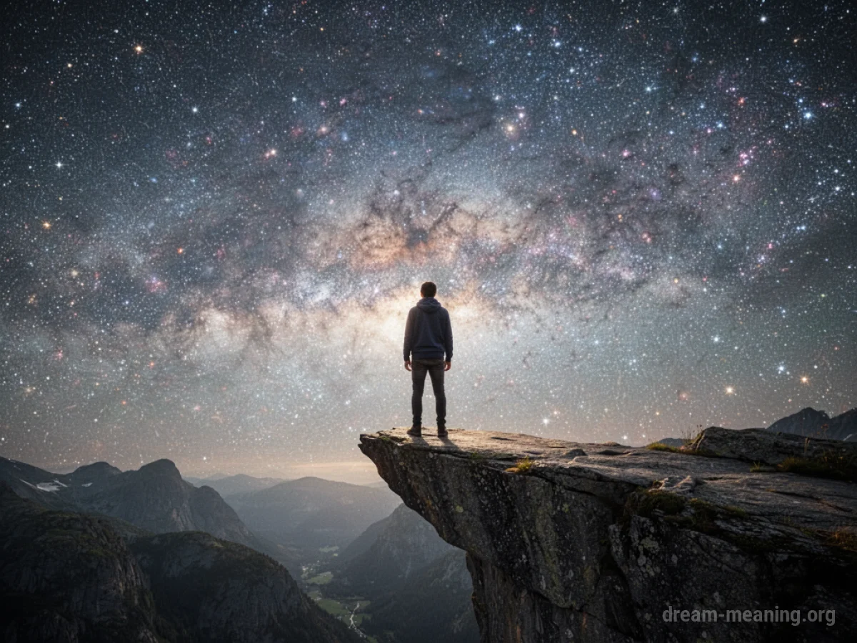 A person observes a large, star-filled galaxy from a high vantage point.