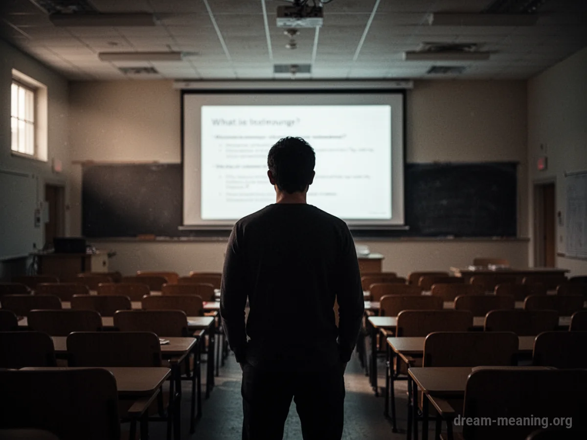 Silhouette of a figure at the front of an empty lecture hall.