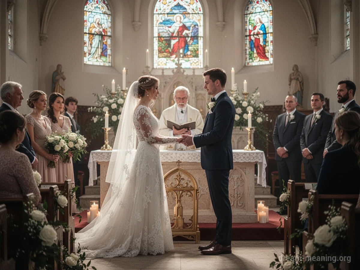 A wedding ceremony in progress with a couple at the altar.