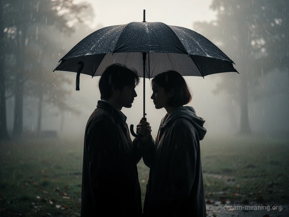 Two figures share an umbrella.