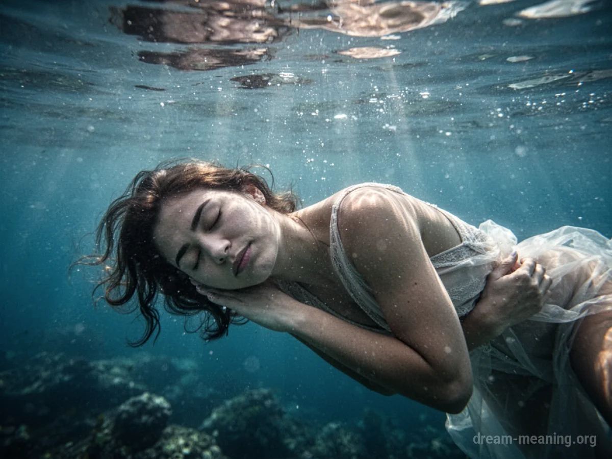 A person asleep underwater with sunlight filtering through the water.