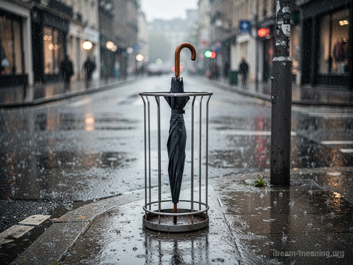 An empty stand where an umbrella should be on a wet street.