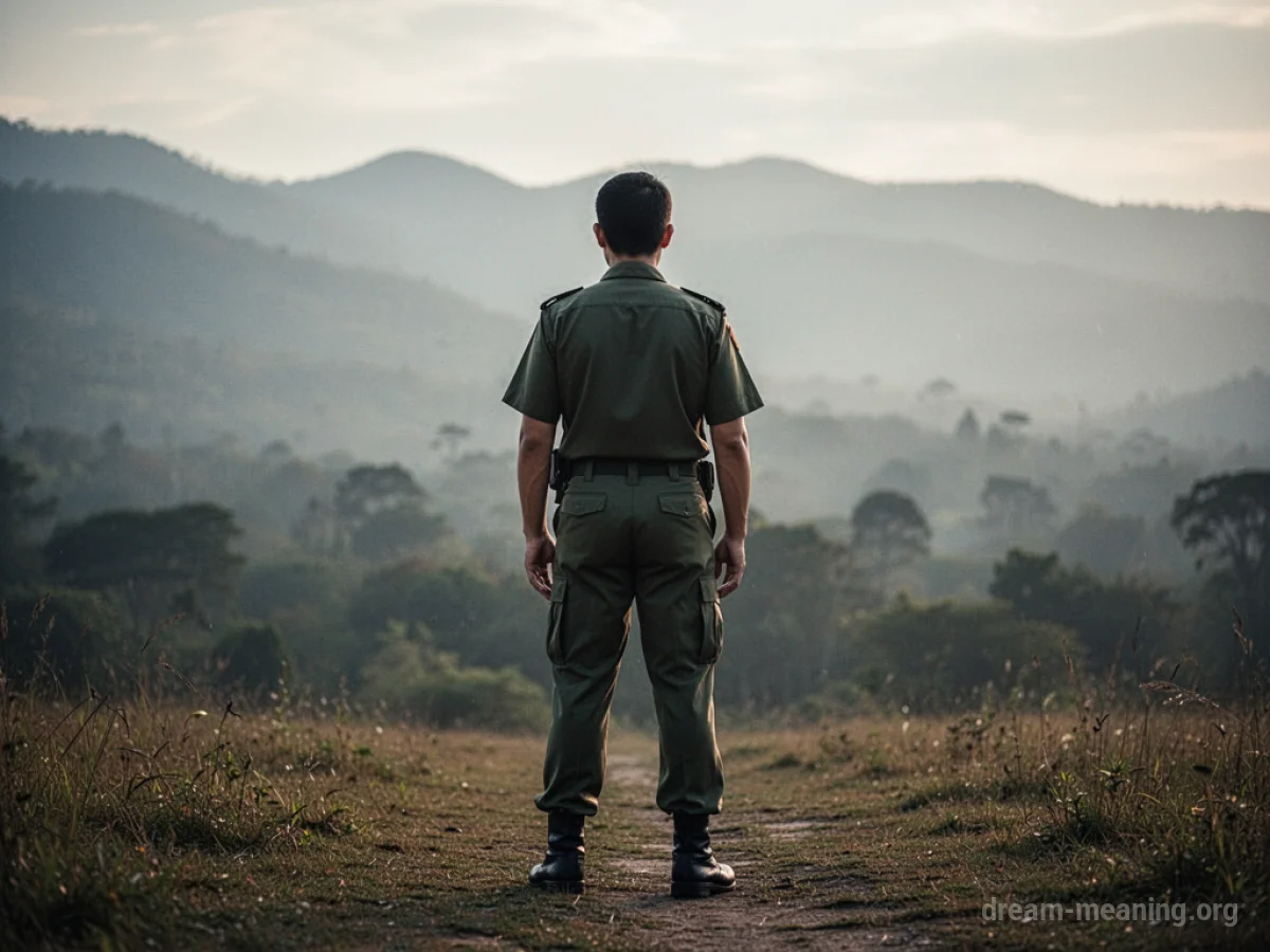A figure in a uniform stands with their back to the camera.