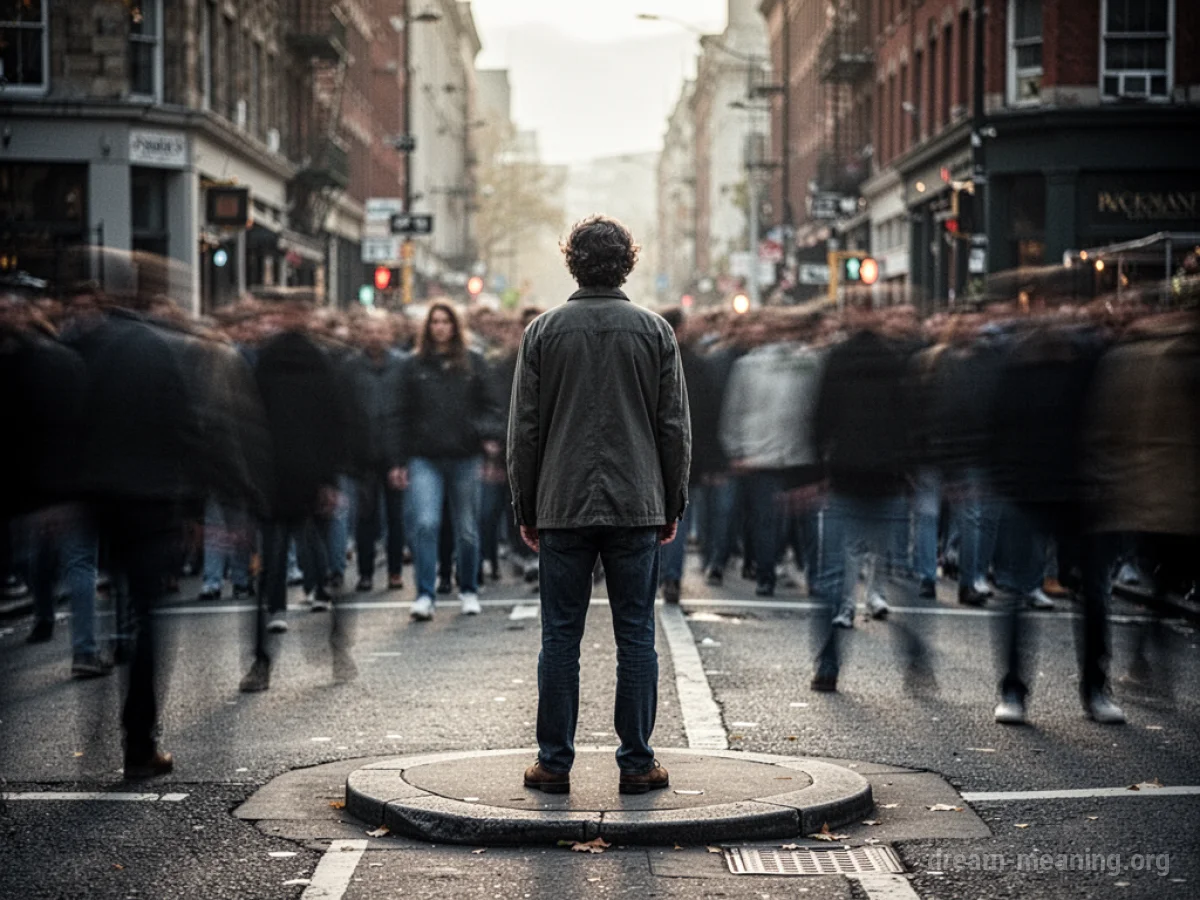 A lone person in a crowd of indistinct figures on a street.