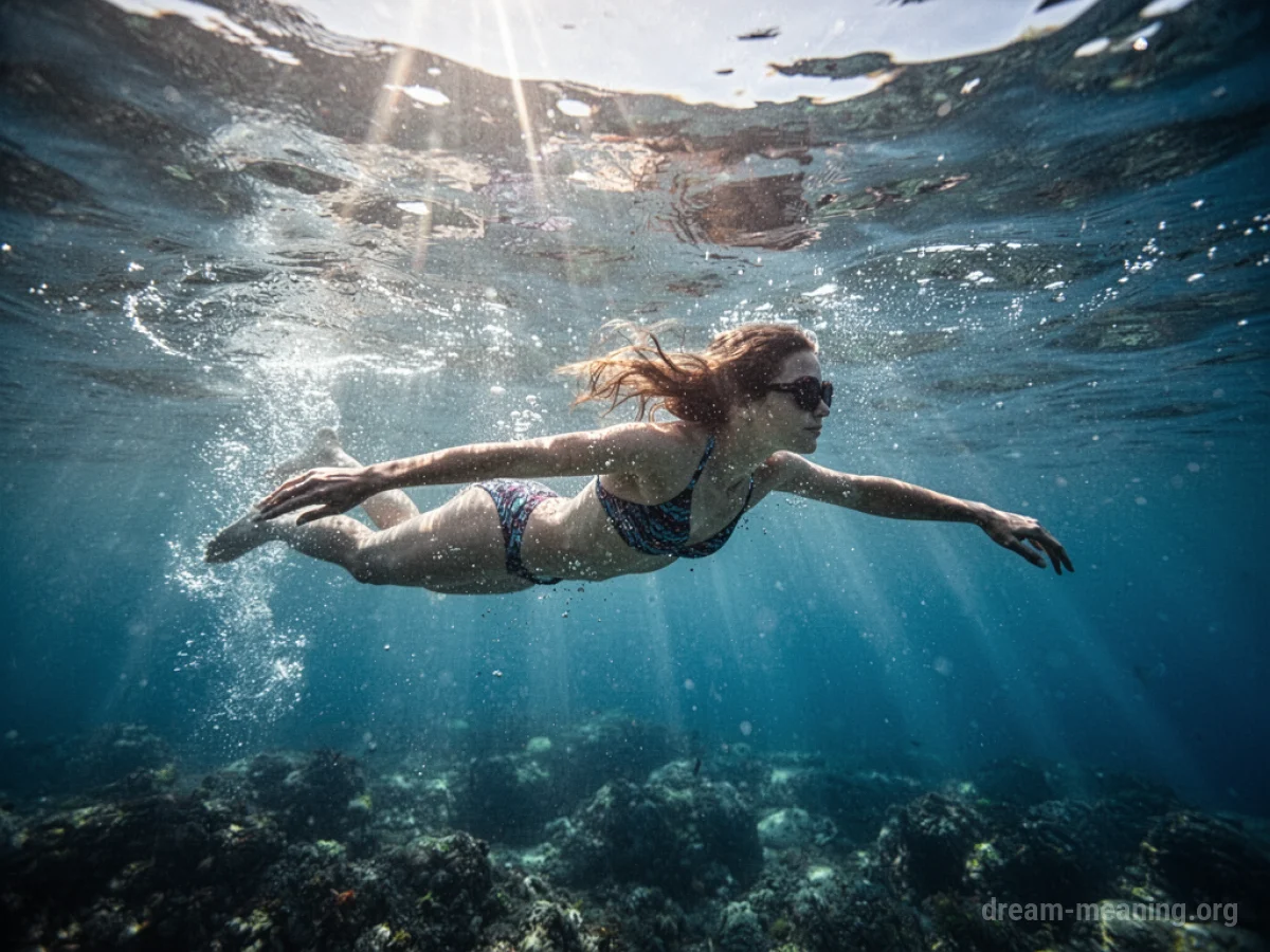 A person swimming underwater with light rays filtering from above.