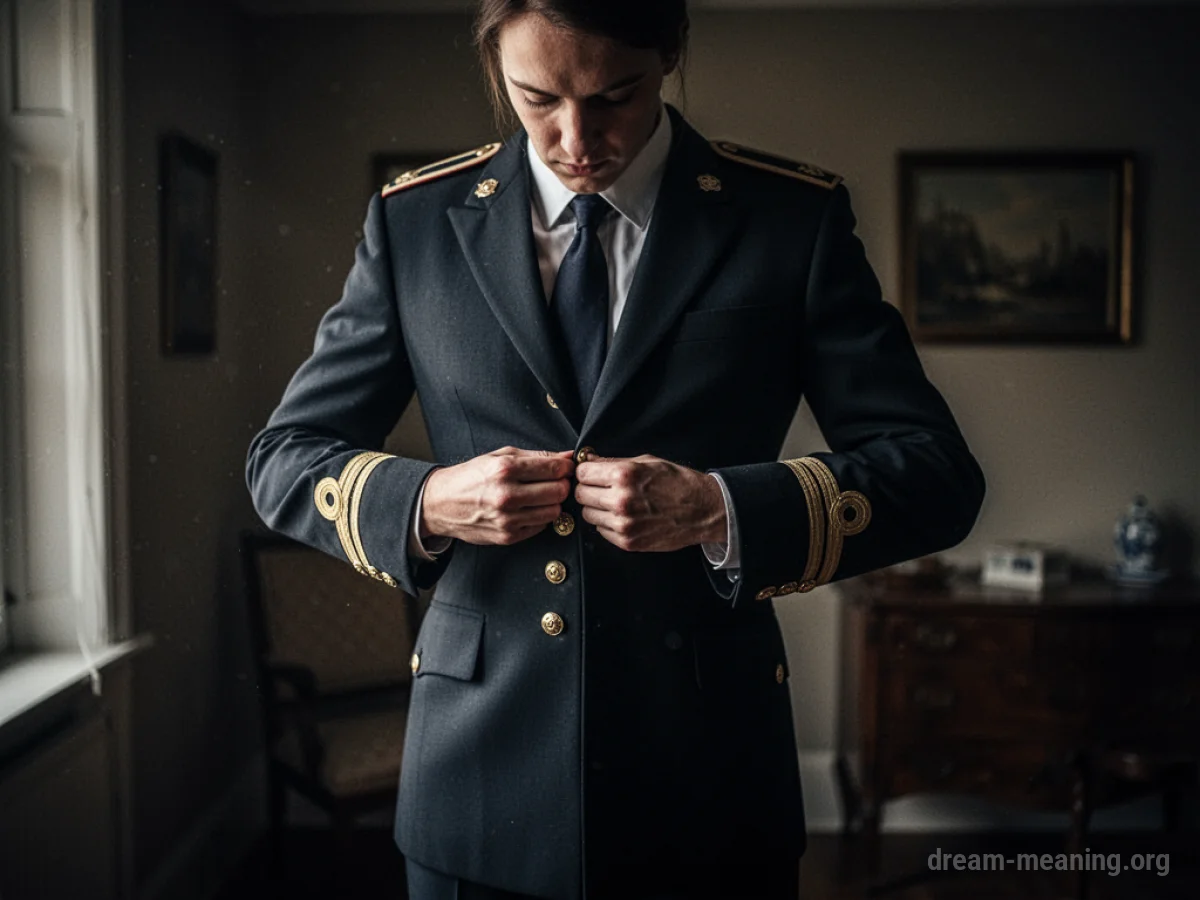 Person unbuttoning a uniform in a dark room.