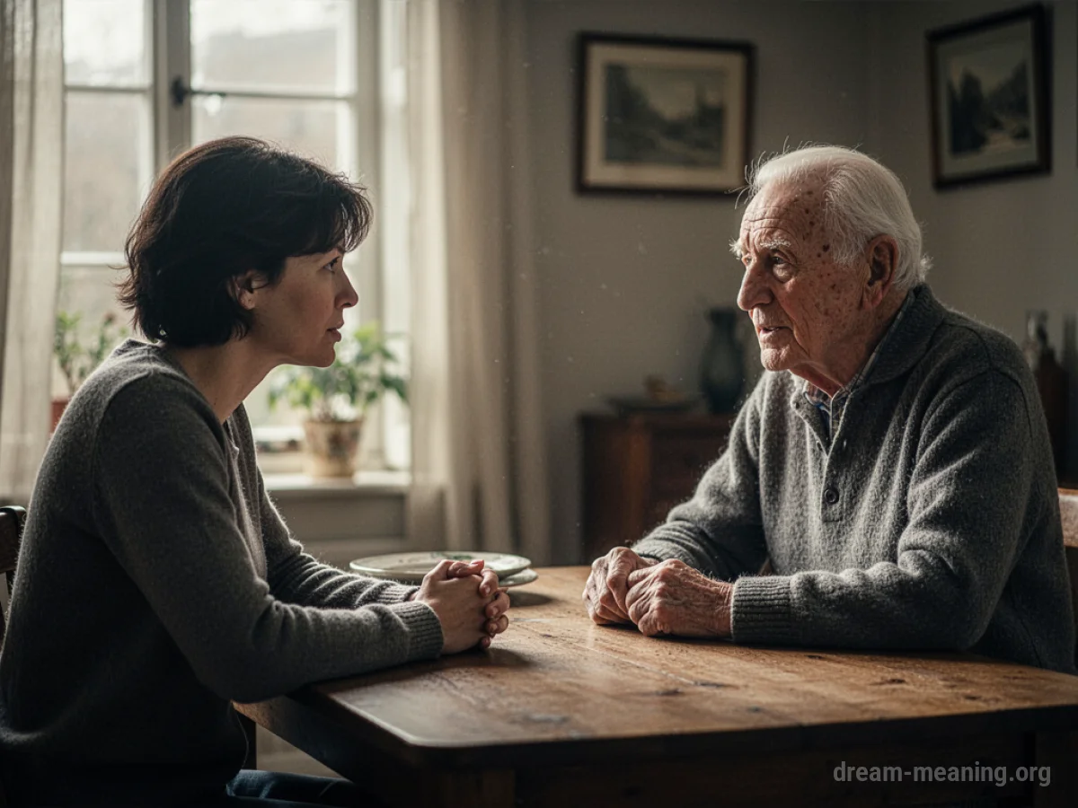 A person and an older man talking across a table.