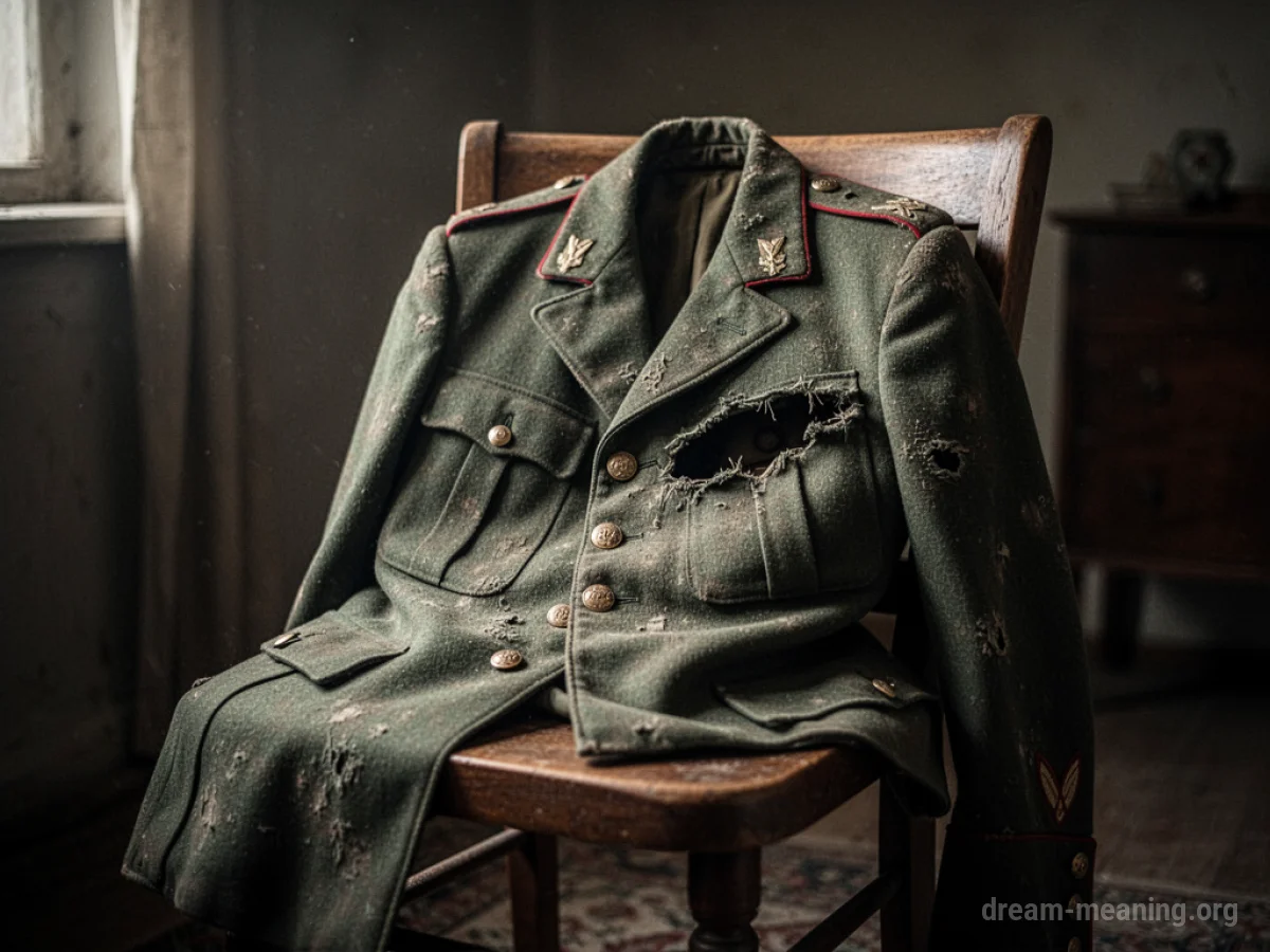 A torn military uniform hanging on a chair.