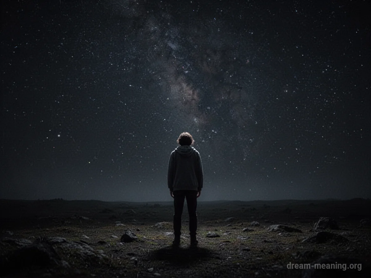 A small silhouette figure in a vast, dark, star-filled space.
