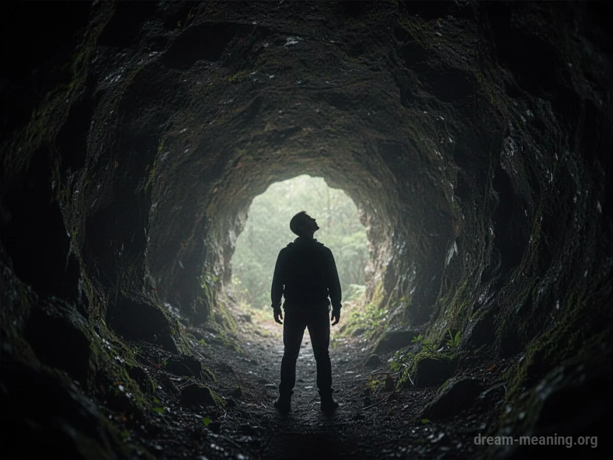 Silhouette of a person at the bottom of a deep, dark pit, looking upwards.