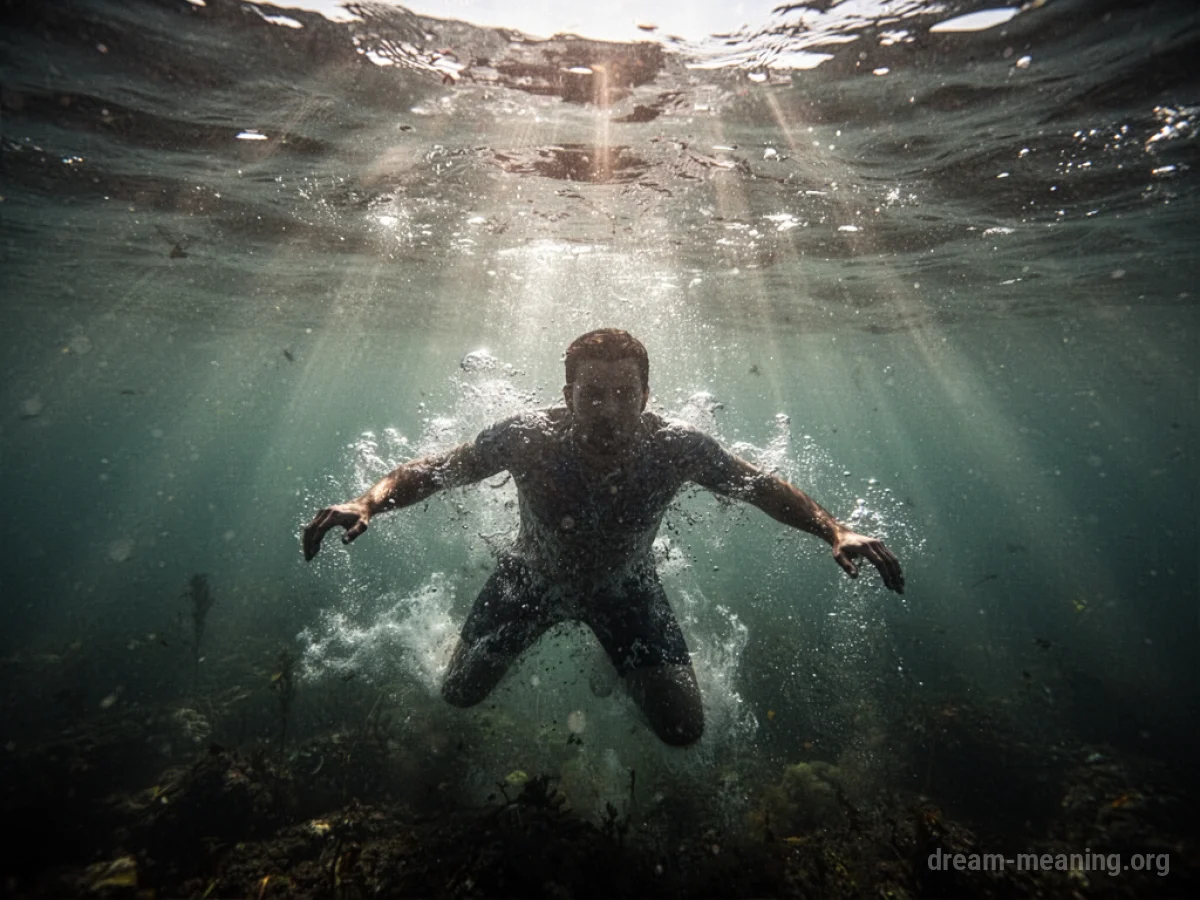 Silhouette of a person struggling underwater with faint light from above.