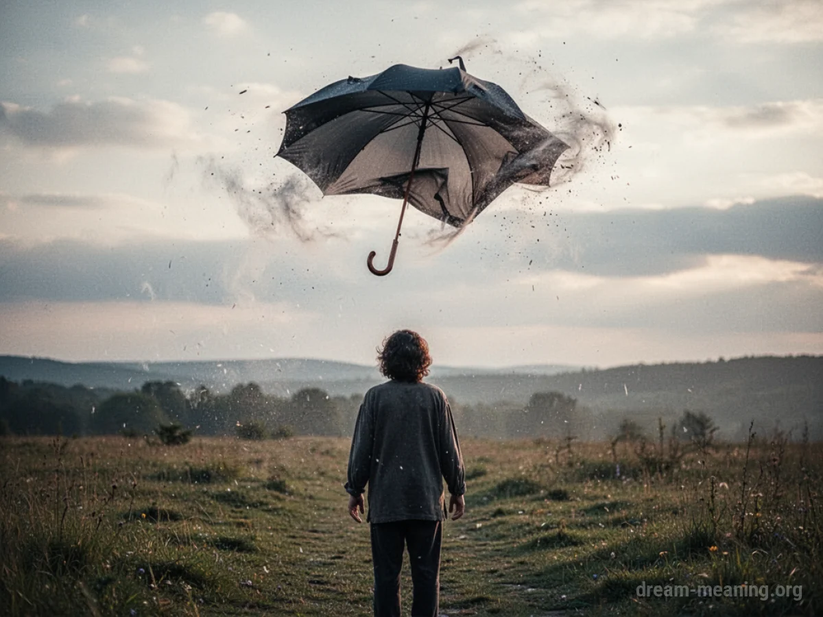 An umbrella being lifted into the air by wind, moving away from a person.