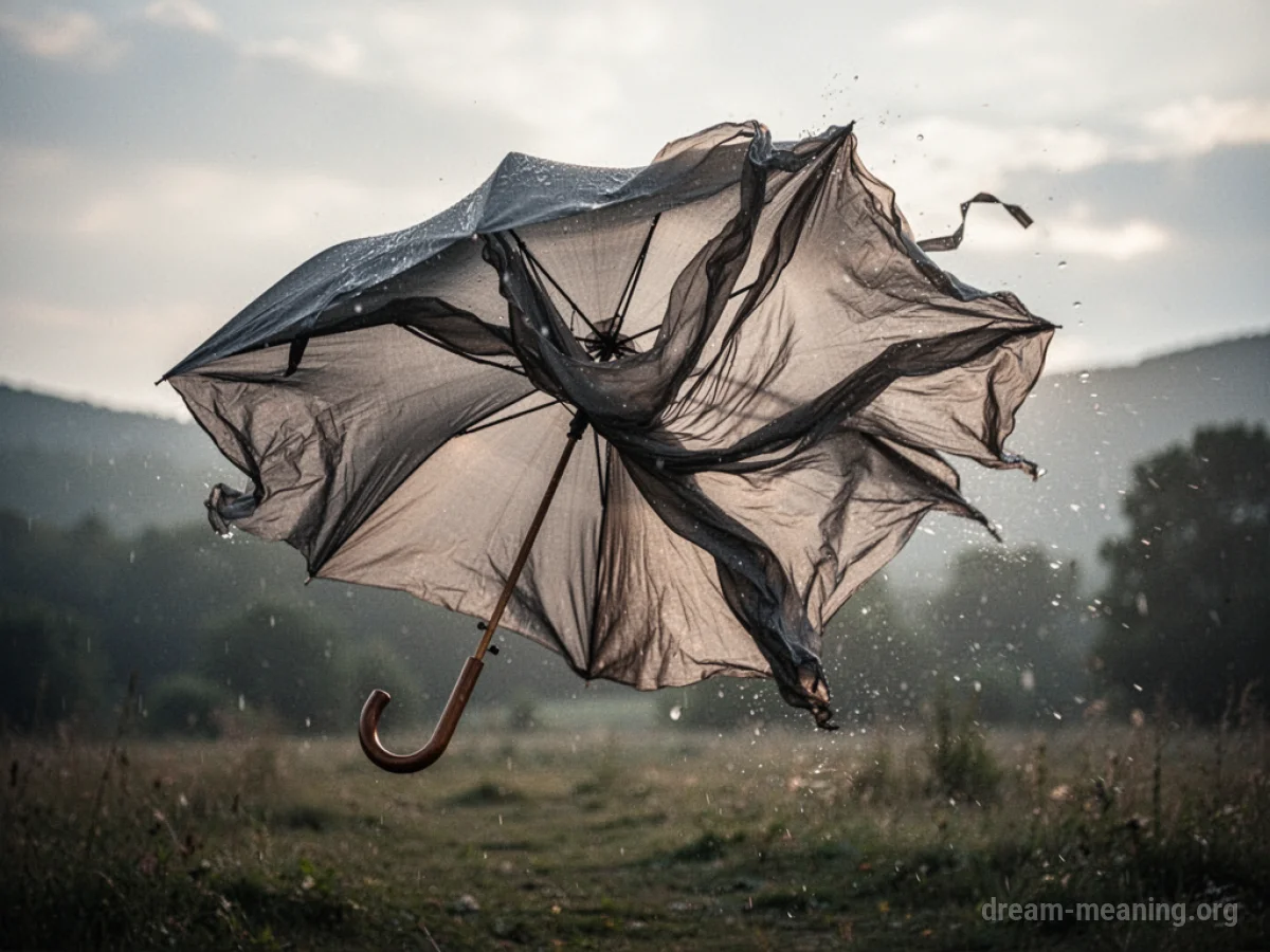 An umbrella with its fabric turned inside out by wind.