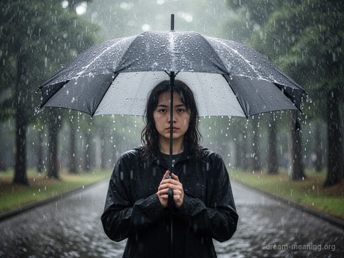 A person standing under an umbrella while it rains.