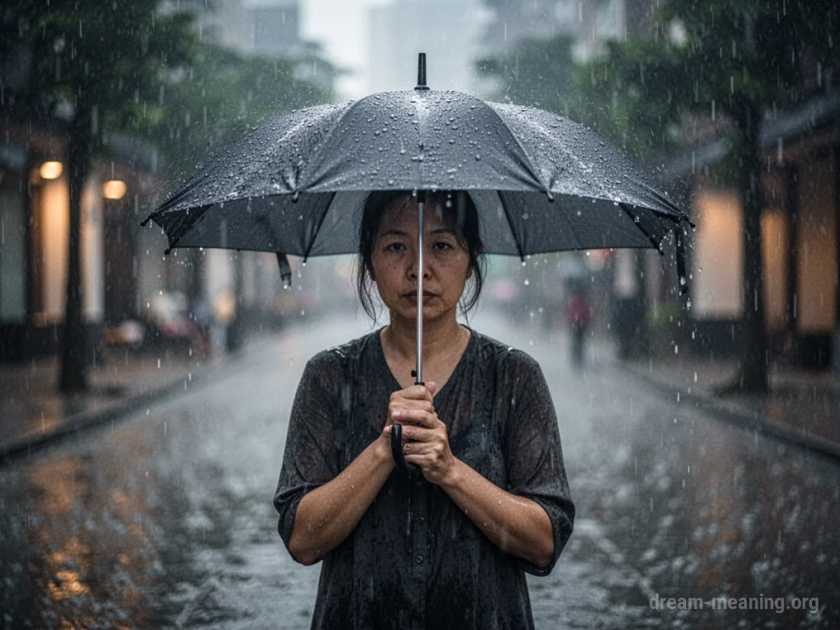 A person holding a small umbrella under falling rain.
